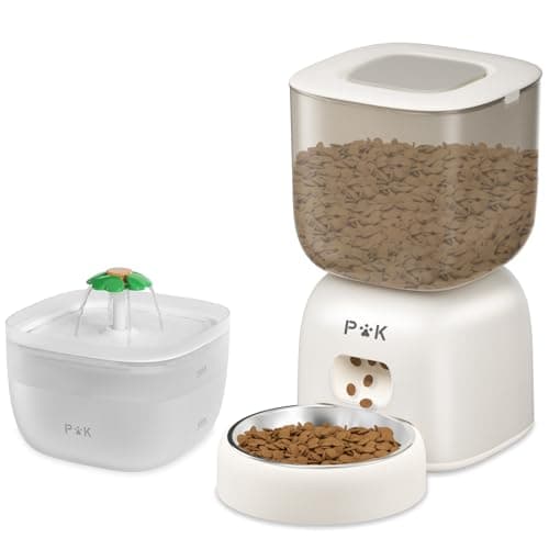 Distributeur de croquettes et fontaine à eau chat combo, batterie autonomie 180 j, enregistrement vocal 10s — Blanc