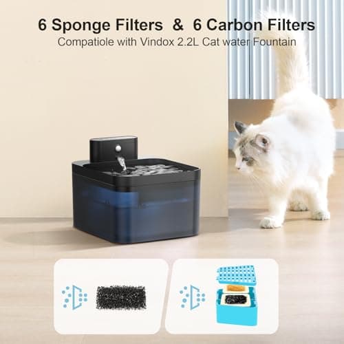 VinDox |2L Fontaine à eau sans fil Fontaine pour chat avec filtre et 6 filtres à charbon actif en résine échangeuse d'io