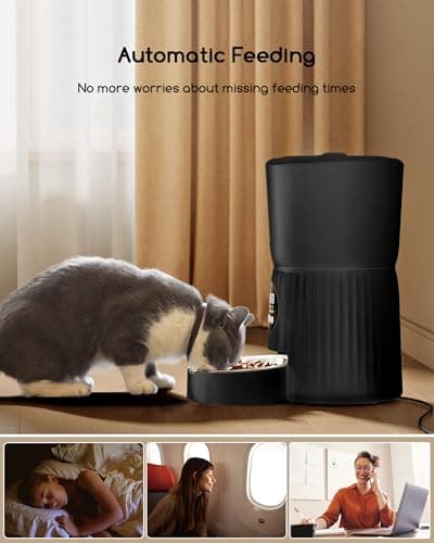 Faroro Distributeur Croquettes Chat Automatique Noir, Contrôle des Portions, Enregistrement Vocal, Alimentation Lente, 4
