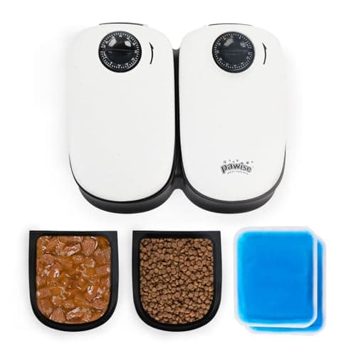 PAWISE Mangeoire Automatique pour Chats et Chiens avec Minuterie et Poche de Glace, Aliments Secs et Humides (2 Repas)