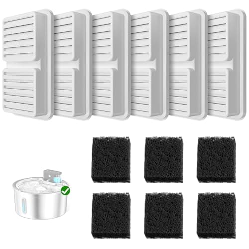 PawPoll Filtres pour Fontaine à Chat 6 Filtres + 6 Éponges 3,2L Sans Fil pour Fontaine Chat - Set Complet de Réparation
