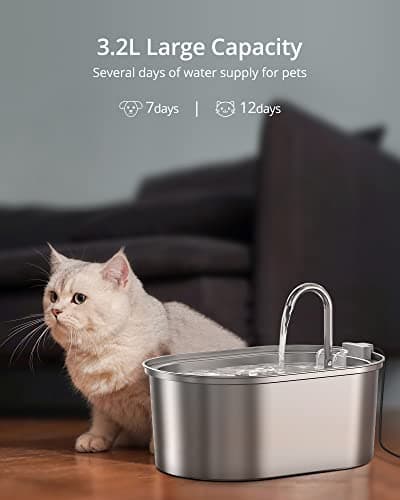 Petace Fontaine à Eau Chat | Acier Inoxydable | 4 Filtres Charbon Remplaçables | Pompe Silencieuse 30dB | 3,2 L | Fontai