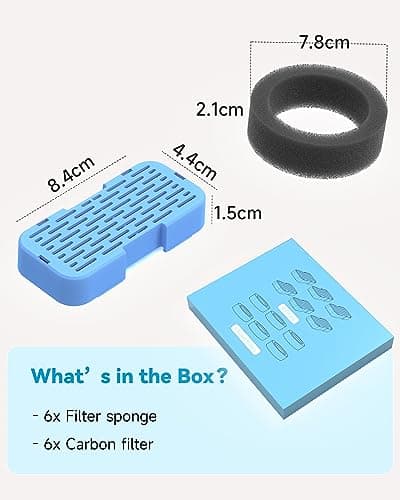 AONBOY Filtres de Fontaine à Eau pour Chat Multi-Filtrage (6 Charbon + 6 Éponges) - Élimine les Poils Flottants, Compat