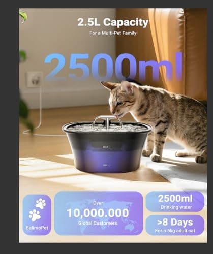 BalimoPet Fontaine a Eau Chat Ultrasonore 2,5L LED Filtrée Charbon Actif Éclatante Élevage Élevage