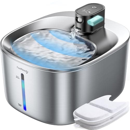 Fontaine à eau pour chat en acier inoxydable FEELNEEDY Detecteur de mouvement Pompe silencieuse 4L 4000 mAh Filtramens