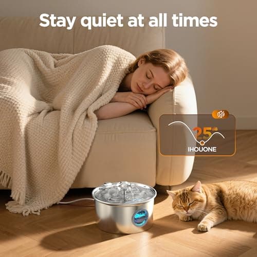 Fontaine à Eau pour Chat INOX : 2,6L Acier Inoxydable - Cascade de Fleurs - Avec Fenêtre de Niveau d'Eau - Filtre et Épo