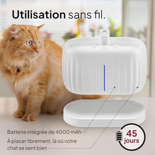 Fontaine à eau sans fil Pretty Paw Fontaine à Eau sans Fil pour Chat - Détecteur de Mouvement - Batterie de 45 Jours - F
