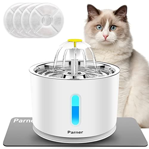 Fontaine à Eau pour Chat - 4 Filtres Hygiéniques - 2,4 l - en Acier Inoxydable - avec Lumièe LED - Noir - Fontaine Élect — Blanc