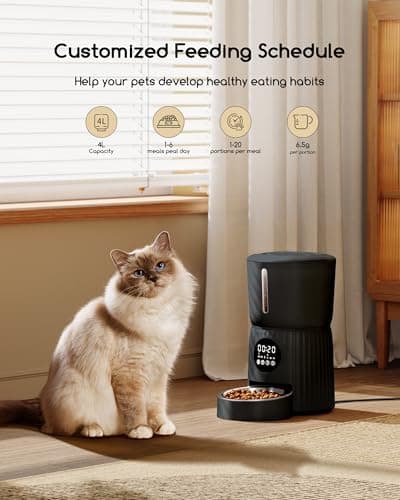 Faroro Distributeur Croquettes Chat Automatique Noir, Contrôle des Portions, Enregistrement Vocal, Alimentation Lente, 4