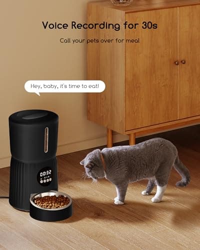 Faroro Distributeur Croquettes Chat Automatique Noir, Contrôle des Portions, Enregistrement Vocal, Alimentation Lente, 4