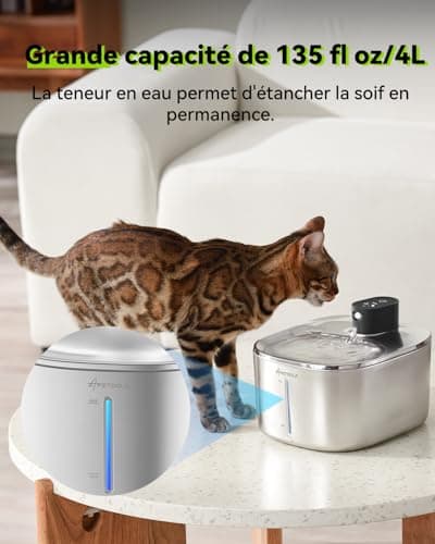 Fontaine à Eau pour Chat avec Capteur Automatique, 4 L en Acier Inoxydable, Ultra Silencieuse (Anti-Étouffement, Sans Fi