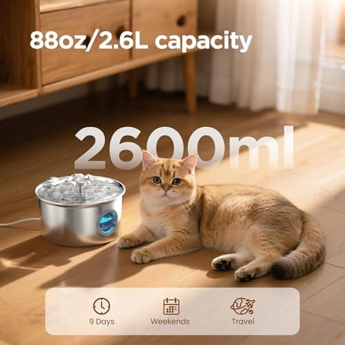 Fontaine à Eau pour Chat INOX : 2,6L Acier Inoxydable - Cascade de Fleurs - Avec Fenêtre de Niveau d'Eau - Filtre et Épo