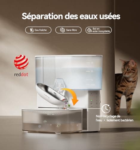 Fontaine à eau FEELNEEDY Blanc sans filtre et sans fil, 2000mAh batterie, séparation eau propre/eau usée, bol en acier i