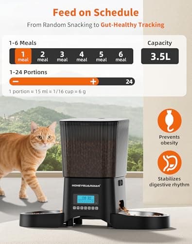HoneyGuaridan Distributeur de Croquettes pour Chat Automatique 2 Bols, 4 Pieds Antidérapants, |5L Minuterie Programmable