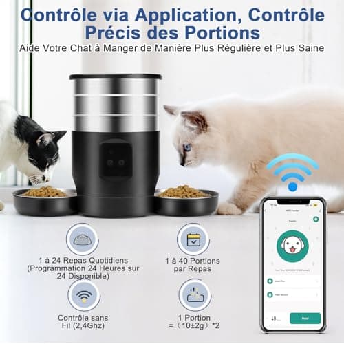 Distributeur Croquettes Chat Automatique 2 Bols WiFi Acier Inoxydable 24h Réservation 10 Repas par Jour Distributeur Aut