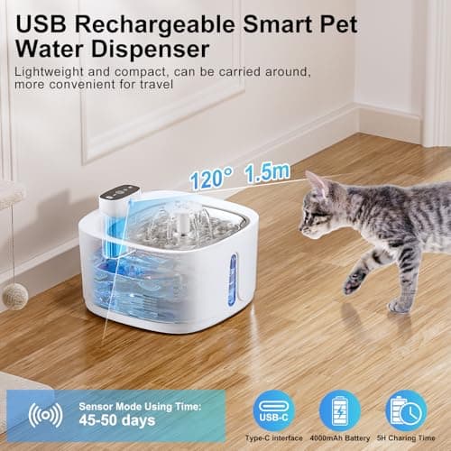TOPPLEE Fontaine à Eau pour Chat Blanc avec Détecteur de Mouvement et Filtrage de 5 Couches, |2L 4000mAh Pompe Sans Fil