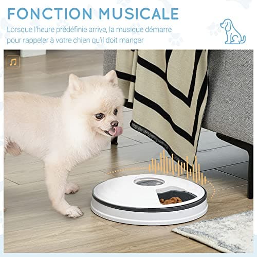 PawHut Distributeur de Nourriture Intelligente pour Chien et Chat | Automatique avec 6 Compartiments et Minuterie | Blan