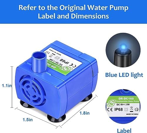 Pompe de fontaine à chat Vindox DR-DC160 avec lumière LED et câble de 170 cm pour Fontaine chat (pas d'adaptateur USB)