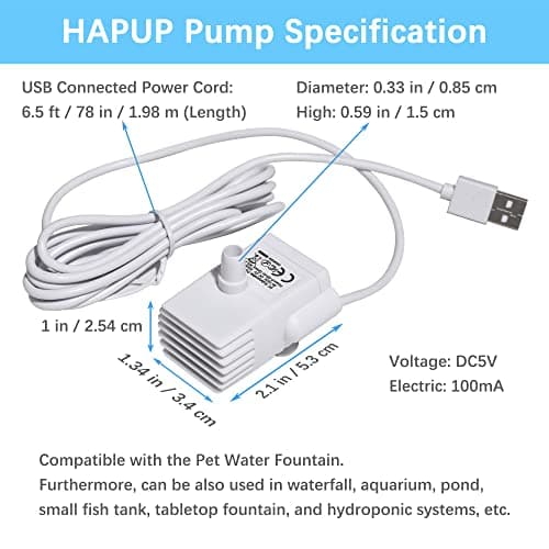HAPUP Pompe à Eau pour Chat Ultra Silencieuse et Régulière 170L/H Réservoir de Poissons d'aquarium USB Résistance HAPUP