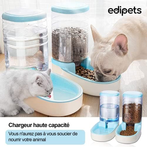 Edipets, Distributeur de Croquettes pour Chats et Chiens Automatique 2 Unités |8 L Gamelle à Alimentation et à Eau Bleu