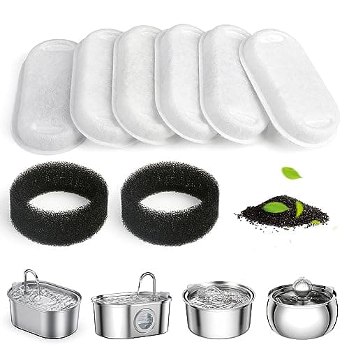Filtres à Charbon Actif pour Fontaines à Eau de Chat, 6 Filtres + 2 Éponges Protection Pompe, Compatible Fontaine Inox