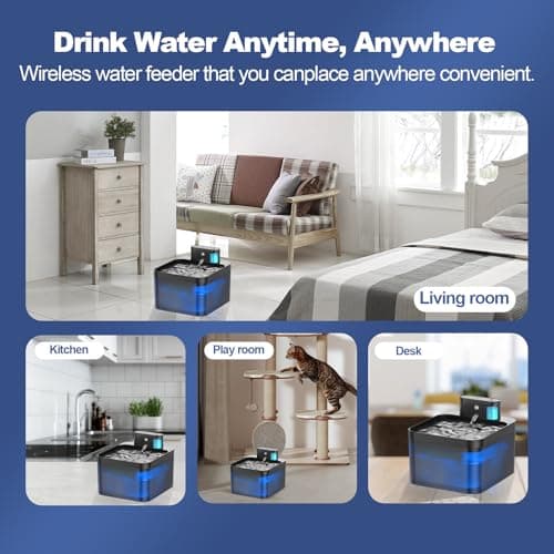 Fontaine à eau sans fil DMUUPEW pour chat, détecteur de mouvement, filtration premium