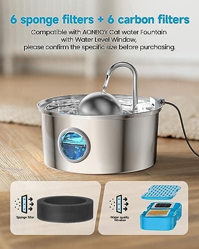 AONBOY Filtres de Fontaine à Eau pour Chat Multi-Filtrage (6 Charbon + 6 Éponges) - Élimine les Poils Flottants, Compat