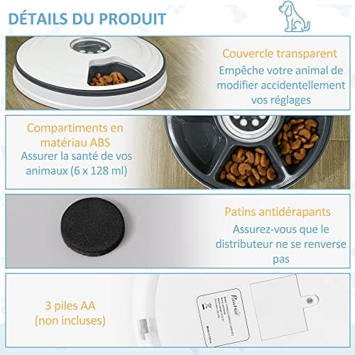 PawHut Distributeur de Nourriture Intelligente pour Chien et Chat | Automatique avec 6 Compartiments et Minuterie | Blan