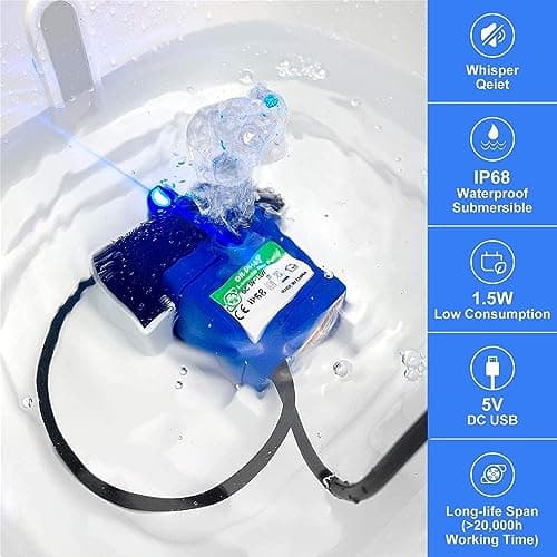 Pompe de fontaine à chat Vindox DR-DC160 avec lumière LED et câble de 170 cm pour Fontaine chat (pas d'adaptateur USB)