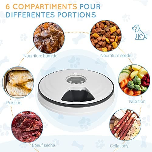 PawHut Distributeur de Nourriture Intelligente pour Chien et Chat | Automatique avec 6 Compartiments et Minuterie | Blan