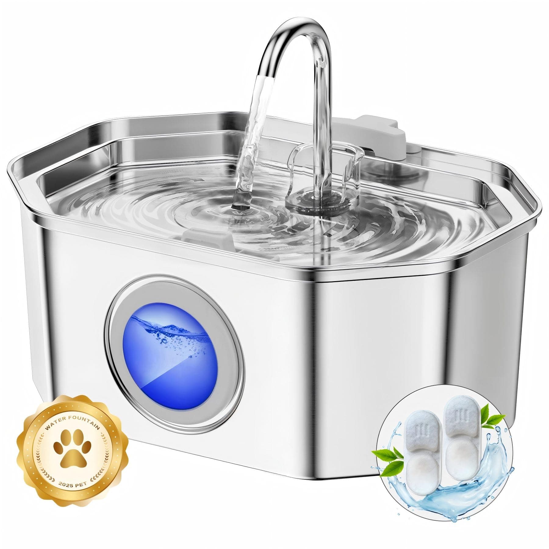 Fontaine à Eau Chat INOX |2L | Filtration multiple facile à nettoyer | Éponges et filtres inclus | Système silencieux av