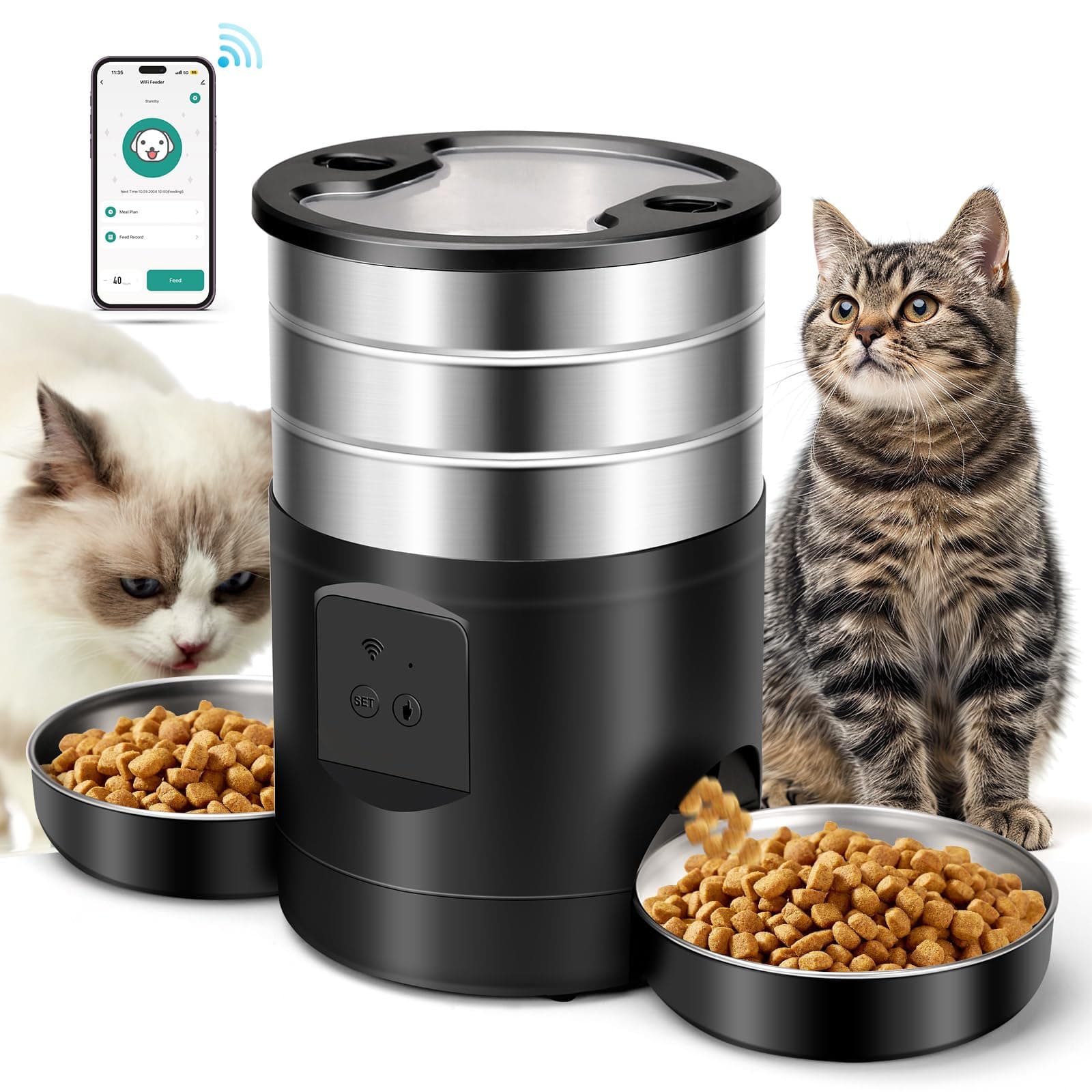 Distributeur Croquettes Chat Automatique 2 Bols WiFi Acier Inoxydable 24h Réservation 10 Repas par Jour Distributeur Aut