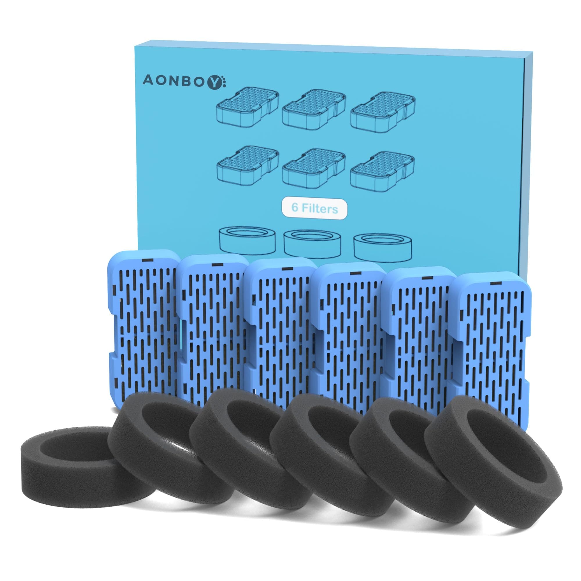 AONBOY Filtres de Fontaine à Eau pour Chat Multi-Filtrage (6 Charbon + 6 Éponges) - Élimine les Poils Flottants, Compat