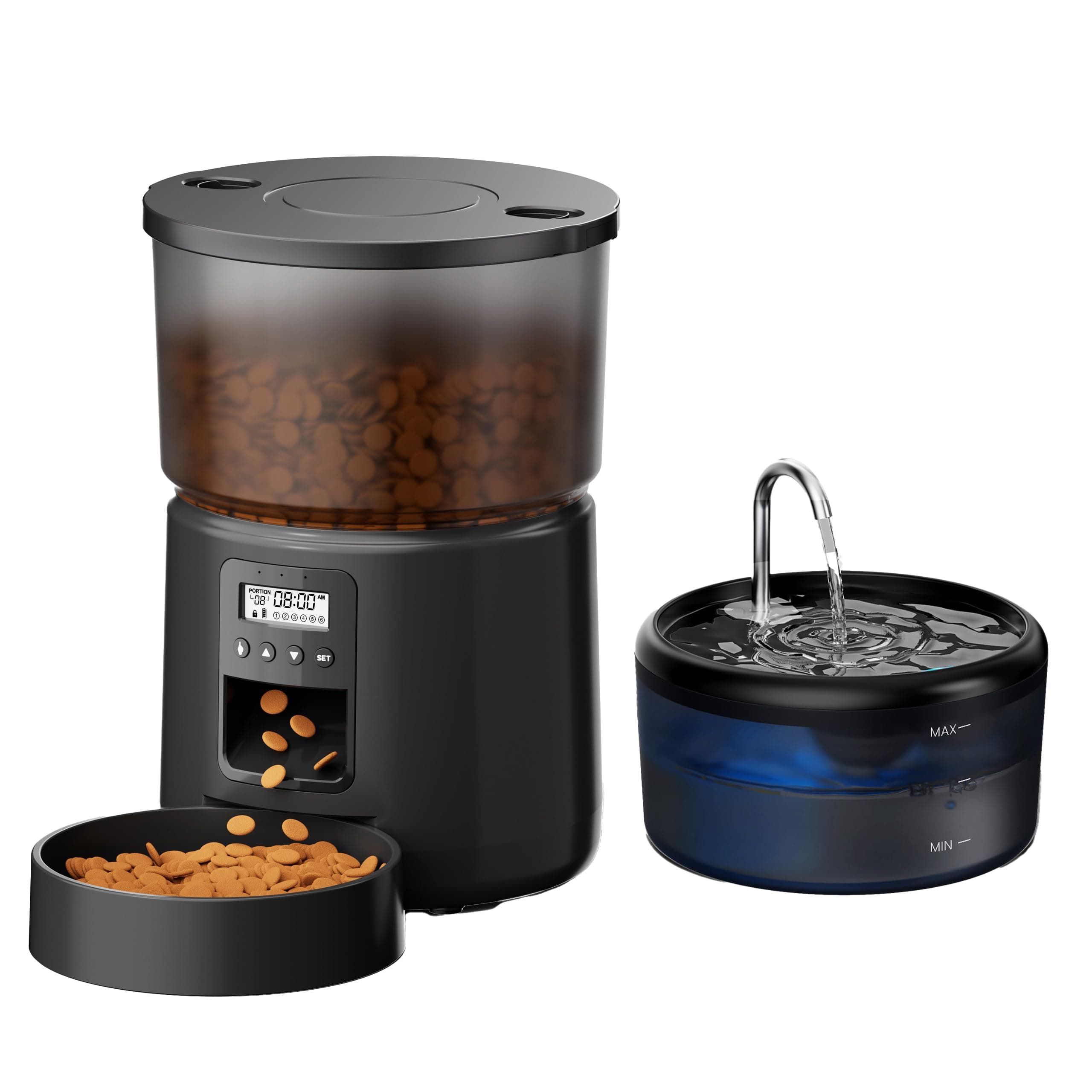 Distributeur Croquettes Chat Automatique Fontaine Eau 2,4L 3L Mangeoire Programmable Noir