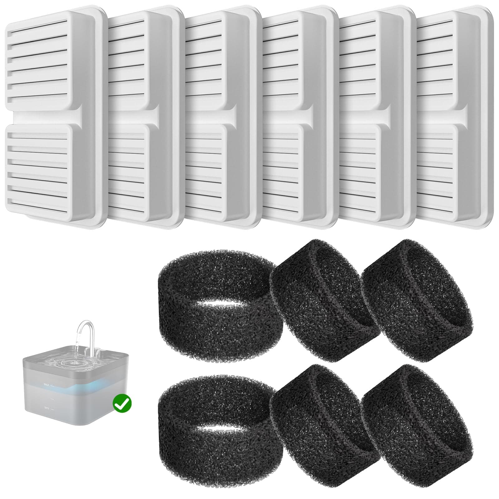 PawPoll Filtres de Fontaine à eau pour chats + 6 pièces de filtres + 6 pièces d'éponges de fontaine à eau pour chats