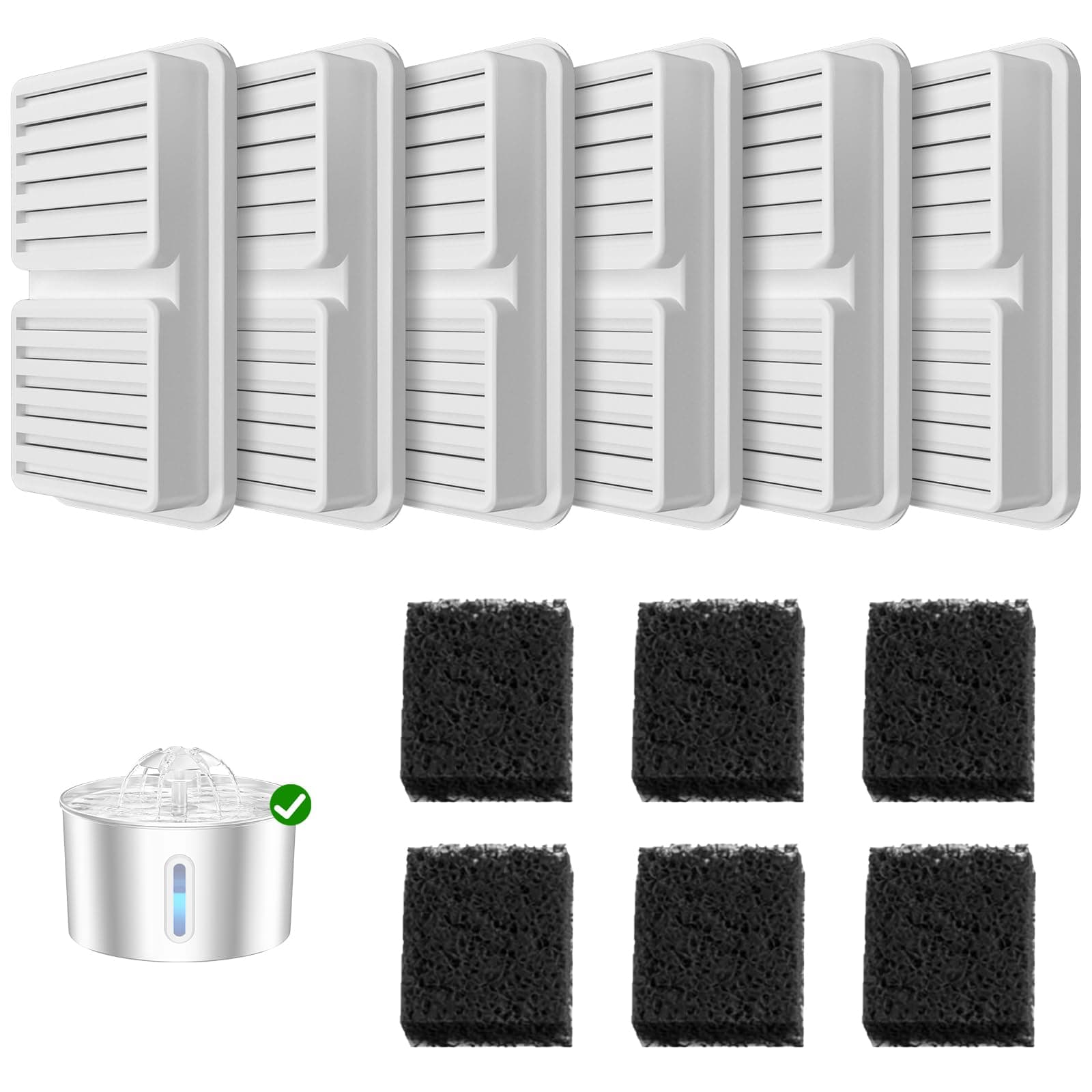 Pièces pour Fontaine à Eau pour Chat : 6 Filtres à Charbon Actif + 6 Filtres en Mousse - Pour Fontaine de 2,2L - Assure