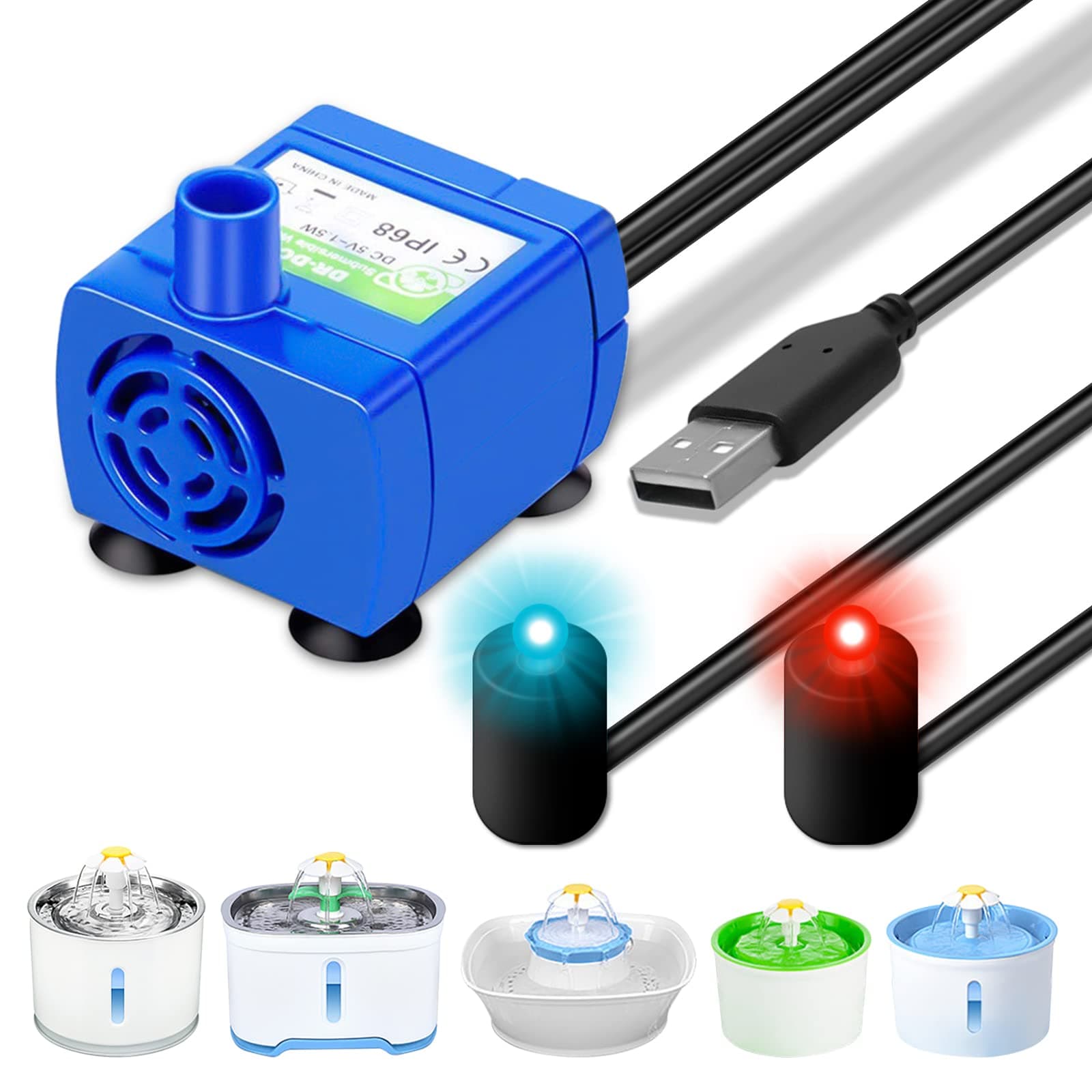 Pompe Rechange Fontaine Chat Pompe Fontaine Ultra Silencieuse avec Mini Pompes LED pour Animaux Compagnie
