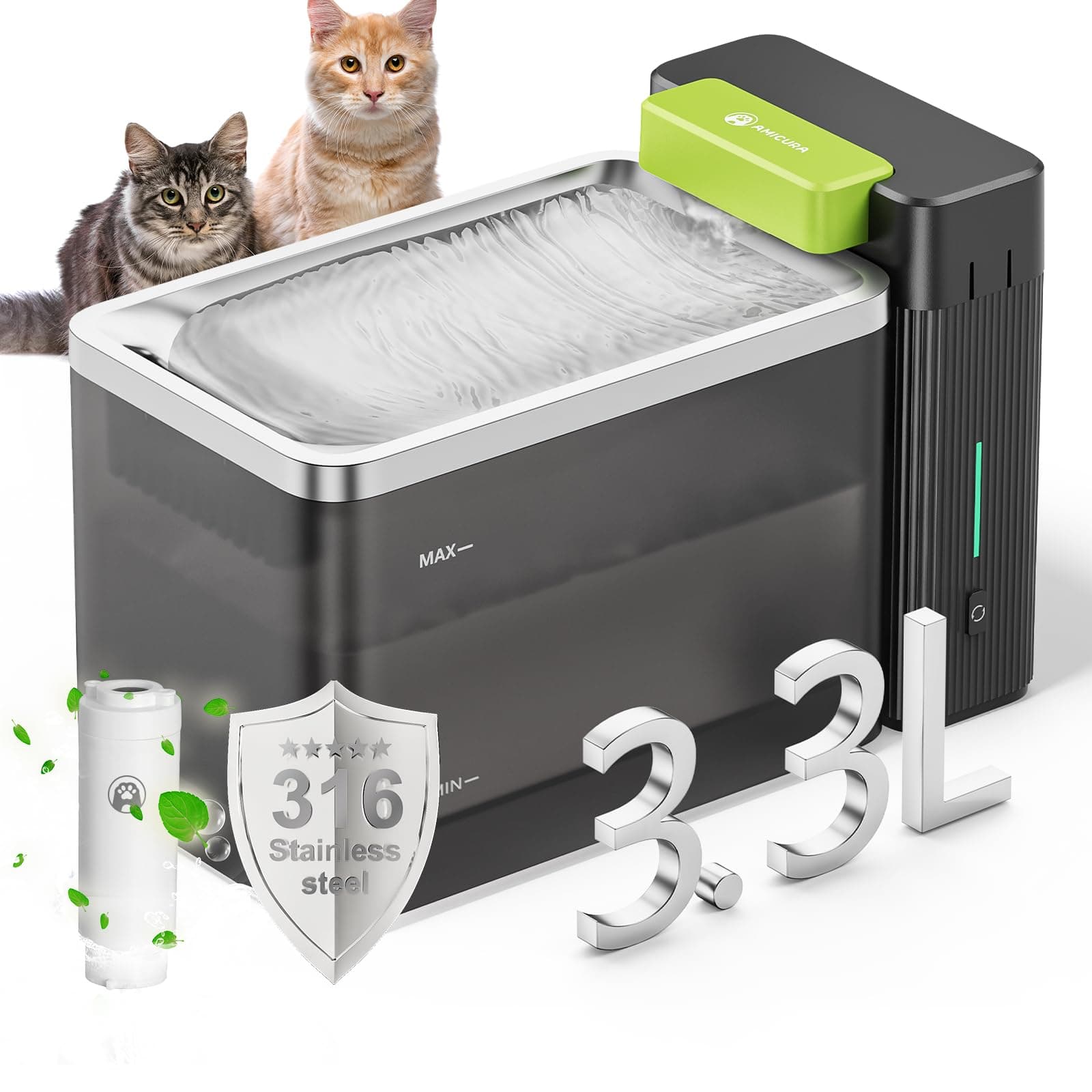 Amicura A3 Lite Fontaine a Eau Chat Technologie d'ultrafiltration, Grand réservoir de |3L, Silencieuse ≤ 25 DB