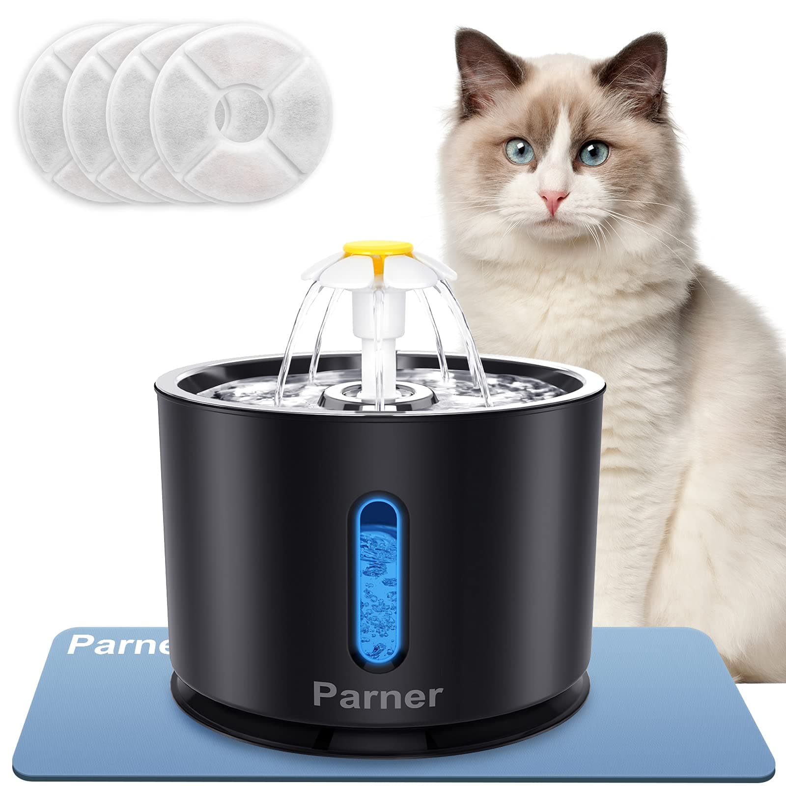 Fontaine à Eau pour Chat - 4 Filtres Hygiéniques - 2,4 l - en Acier Inoxydable - avec Lumièe LED - Noir - Fontaine Élect