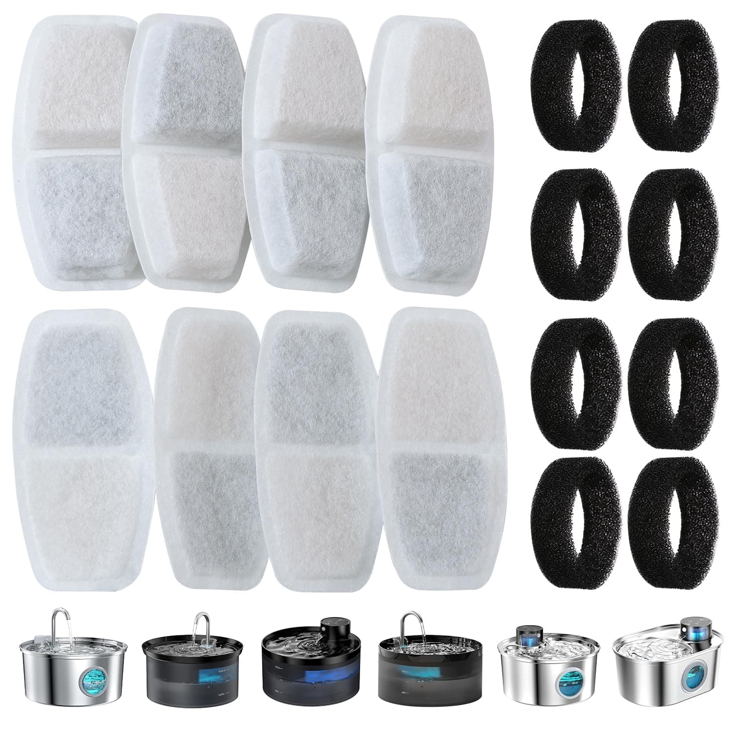 Filtres de fontaine à eau Zemiu 16 pièces, 8 filters fontaines pour chats + 8 mousses filtres pour fontaine de chats |2L