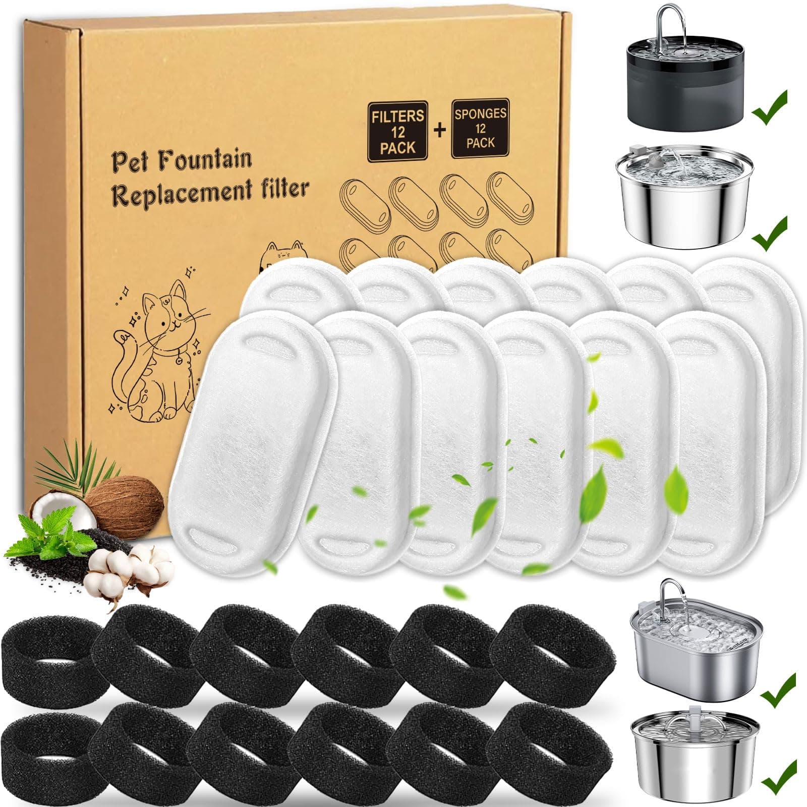 Filtres remplacement PetKit Fontaine à eau Chat, 24 paquets