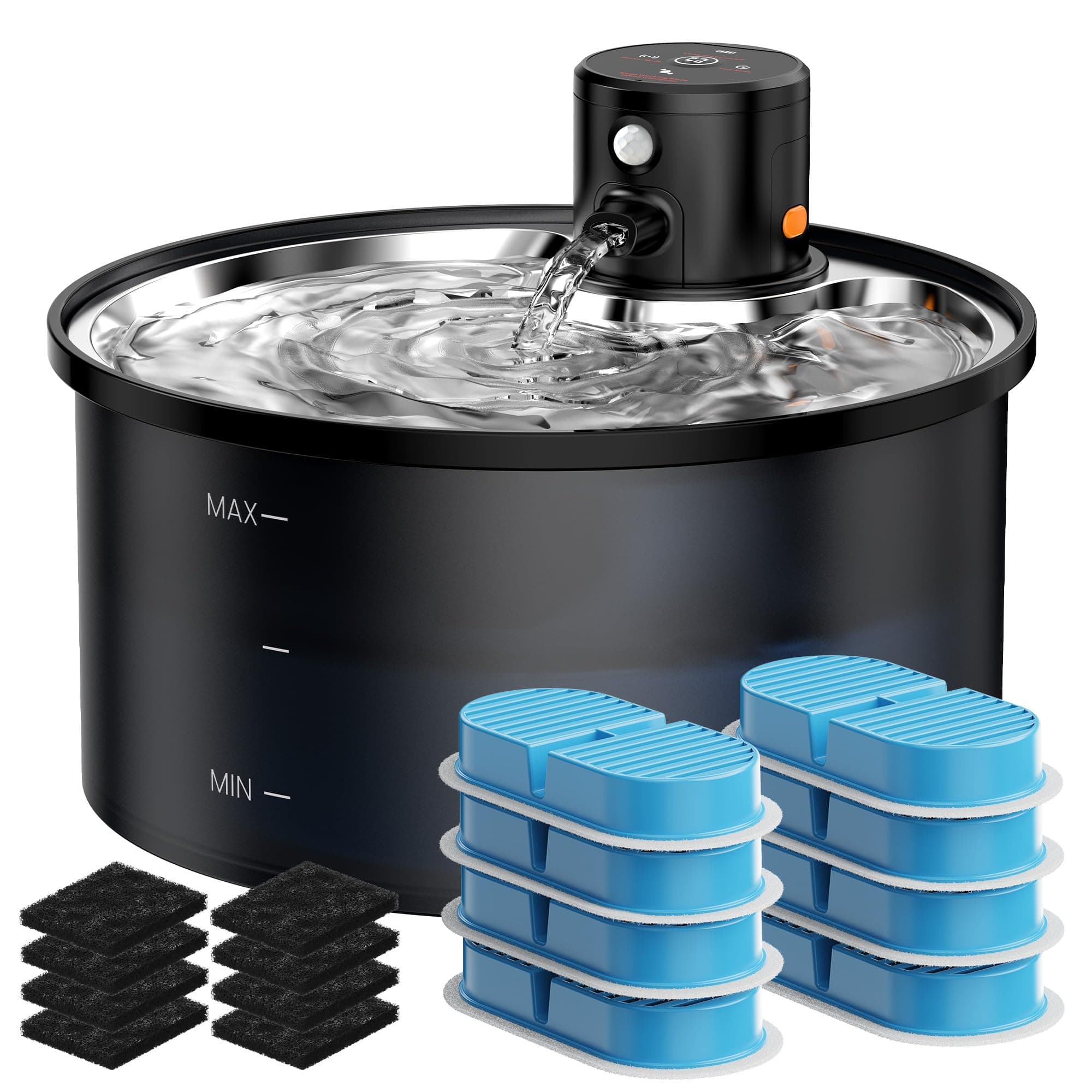 Fontaine à eau sans fil pour chat - 3,2 l - Avec 8 filtres à charbon - Détecteur de mouvement - En acier inoxydable