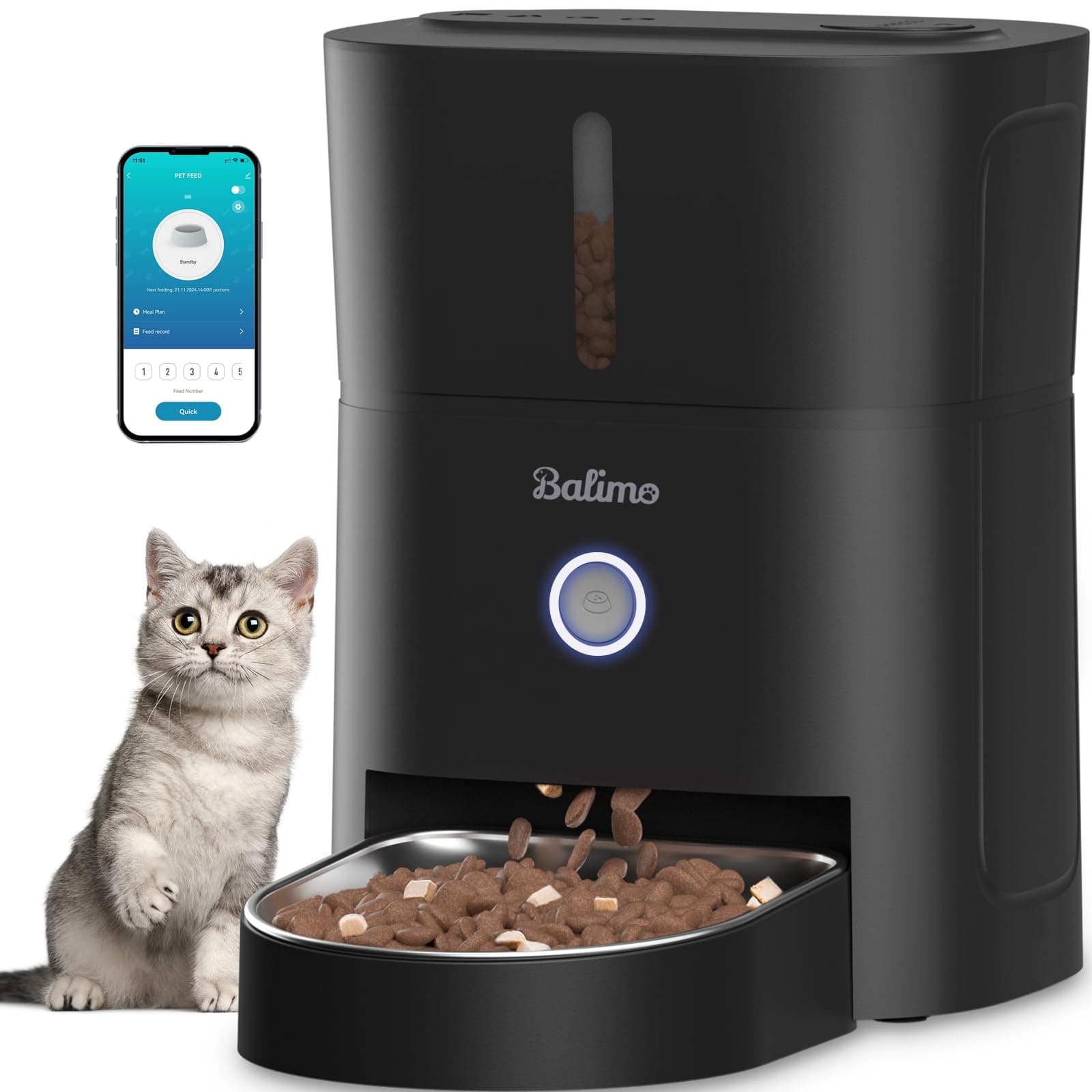 Balimo Distributeur Croquettes Chat Automatique |4G WiFi 3L, Convient Aux Chats, Utilisé À Domicile, Rempli Manuellement